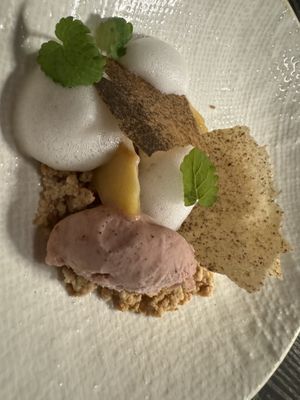 6th course and dessert: poached peaches with sorbet and lemon balm  at L'Orygine in Quebec