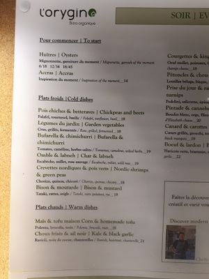 Les deux premiers plats froids sont vegetaliens. Les deux premiers plats chaud sont vegetaliens. at L'Orygine in Quebec