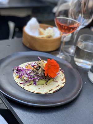 Main course: Smoked Tofu taco with cauliflower purée, corn, slaw. at L'Orygine in Quebec