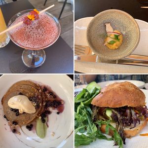 Brunch martini, vegan taste with hummus and pickled enoki, gf blueberry pancakes, tofu sandwich  at L'Orygine in Quebec