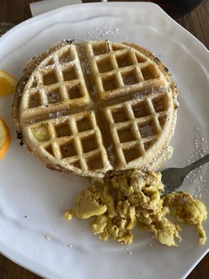 Vegan Belgian waffle(vegan butter) with Just egg substitute!  at Revelations Cafe in Lutz