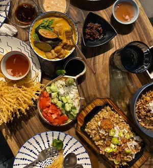 All vegan spread for 4: kare-kare, enoki mushroom tempura, ensaladang talong, sisig & pancit habhab  at Cosmic - Poblacion in Makati