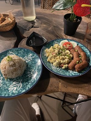 Scrambled Tofu-Egg Platter, with Longanisa and Garlic Rice  at Cosmic - Poblacion in Makati