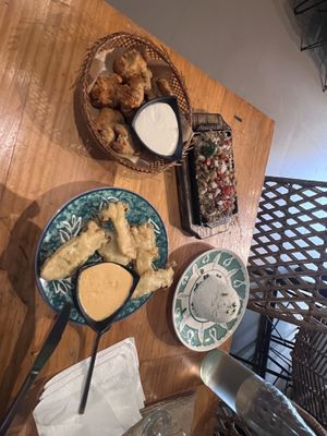 oyster mushroom tempura,  6 pcs cosmic fried Vhicken (🐓) and sisig with bagnet  and a side of white rice. #Veganuary at Cosmic - Poblacion in Makati