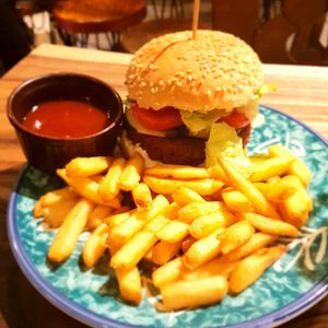 Mushroom burger w/ fries at Cosmic - Poblacion in Makati