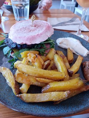 Burger (vegetable not fake meat). Real potato fries. at Laundry Lounge in Sagres