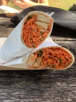 Fresh ingredients- carrot, beetroot, tempeh, rocket and a delicious coriander and kimchi sauce  at Hempburger - Market Stall in Eumundi