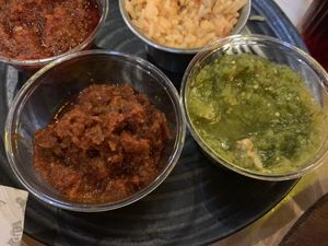 5 different salsas to select from. Green salsa the best! at Guacamole Gourmet Mexican Grill in Lisbon