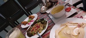 Hummus, falafel, stuffed grape leaves, baba ganoush, lentil soup  #Veganuary at Abou Tayssir in Tangier