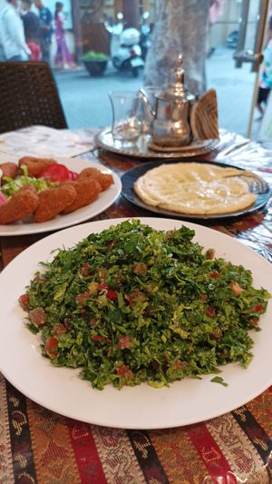 Tabouleh (so much!), Hoummus, Falafel and Tea for 95 dirham at Abou Tayssir in Tangier