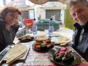 Enjoying an assortment of delicious vegan-friendly Syrian dishes. at Abou Tayssir in Tangier