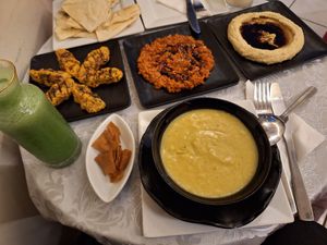 Lentil soup and selection of mezze at Abou Tayssir in Tangier