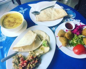Combination falafel platter with lentil soup at Abou Tayssir in Tangier