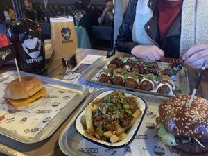 Cheeseburger, wings, poutine fries, chicken burger  at Biff's x Brewdog - Dalston in North London