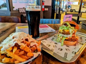 Truffle fries and tower of power plus vegan dark beer! at Biff's x Brewdog - Dalston in North London