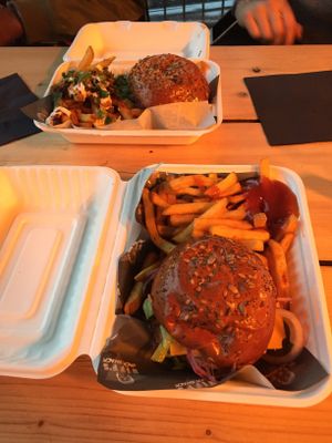 Filthy fries and Big Jack on top regular Big Jack and regular fries on the bottom at Biff's x Brewdog - Dalston in North London