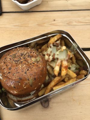 samuel hell jackson burger and cheesy fries  at Biff's x Brewdog - Dalston in North London