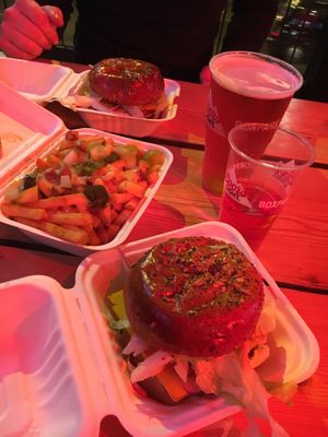 Burgers and fries  at Biff's x Brewdog - Dalston in North London