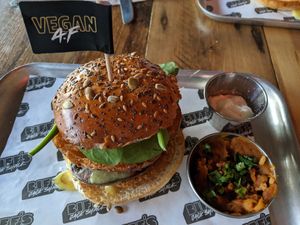 Lumberjack burger with side of Bourbon baked beans and chipotle mayo at Biff's x Brewdog - Dalston in North London