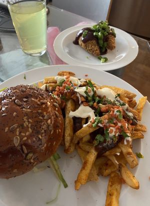 Father Jack burger, Bacunator fries and The Burb wingz. at Biff's x Brewdog - Dalston in North London