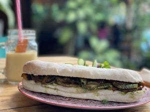 Bocadillo de verduras con batido de platano at Gypsea in Puerto Viejo De Talamanca