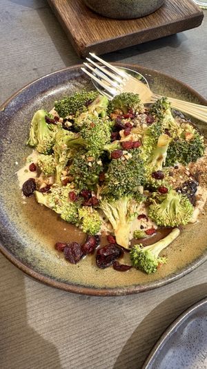 Market broccoli, smoked white bean and pomegranate   at Harvest Kitchen in Tanunda