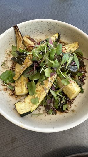 Roasted zucchini, white eggplant and pine nuts  at Harvest Kitchen in Tanunda