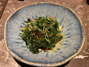 Starter - Vegan Gomq Salat, with avocado, kin oyster mushrooms, yellow radish and passion fruit sauce .   at Südøst Asian Crossover in Oslo