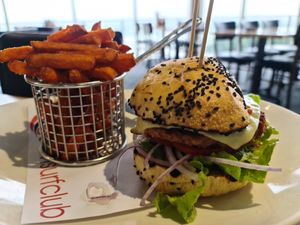 Vegan burger with sweet potato fries at Coolum Surf Club in Coolum Beach