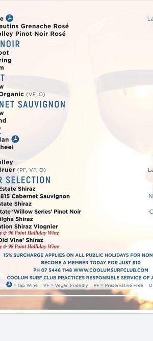 VF indicates vegan friendly drinks on the menu. at Coolum Surf Club in Coolum Beach