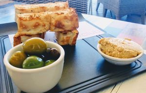 Olives, hummus and Turkish bread at Coolum Surf Club in Coolum Beach