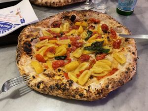 Pizza Umberto made vegan with non-dairy cheese, usually includes tofu but they were out.  at Gino e Toto Sorbillo in Naples