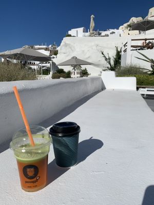 Detox juice + almond cappuccino  at Luno in Santorini