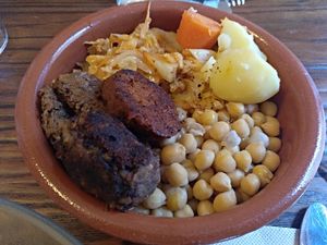 Codido madrileño / cheakpeas, vegetables and mock meat and sausages at Beary Green in Madrid