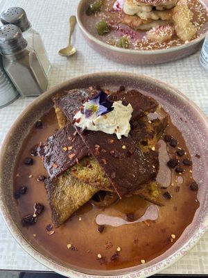 French toast with ‘bacon’ (I think beetroot - I wasn’t too keen on it but my partner liked it). Topped with crème fraiche, amaranth and with a ‘honey’/maple drizzle   at Rawnchy in Glasgow