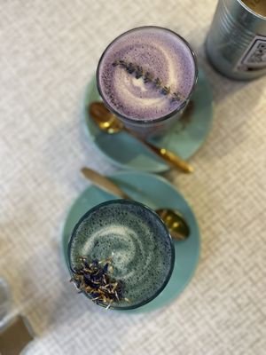 Lavender latte and butterfly pea latte  at Rawnchy in Glasgow