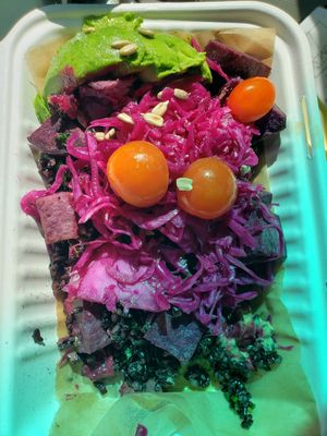 Grain bowl served in a carton at Amara Kitchen in Los Angeles