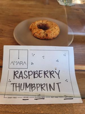 Vegan gluten free raspberry thumbprint at Amara Kitchen in Los Angeles