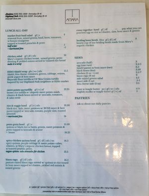 Lunch menu at Amara Kitchen in Los Angeles