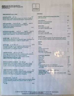Breakfast all day menu at Amara Kitchen in Los Angeles