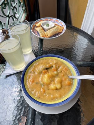 Vegan tequeños with vegan ranch and vegan quinoa soup  at Prana Vegan in Arequipa