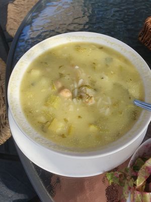 Caldo blanco, courgette, potato, chickpea soup at Prana Vegan in Arequipa