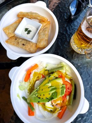 Set menu appetisers - tequenos (delicious but cold) and avocado salad (very tasty)  at Prana Vegan in Arequipa