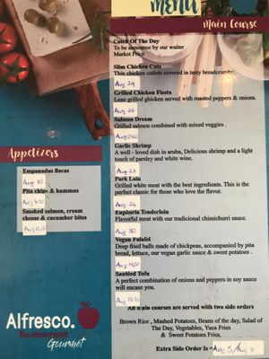 Aruba prices listed  at Alfresco in Oranjestad