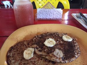 Vegan banana pancakes. Yum! at Casa del Ritmo in Santa Marta