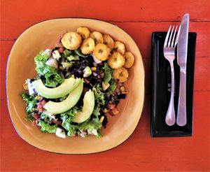 Tayrona Sald, beans, corn, avocado, tomato, caribbean plantain at Casa del Ritmo in Santa Marta