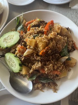 Spicy basil Fried rice (added pineapple)  at Plumeria in Encinitas