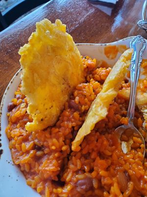 Rice and beans and tostones with my tofu criollo dinner at Cafe Berlin in San Juan