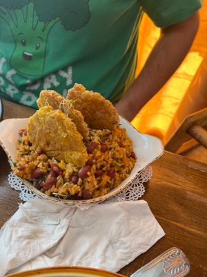 Mamposteado rice with tostones (served with the Criollo Tofu entree) at Cafe Berlin in San Juan