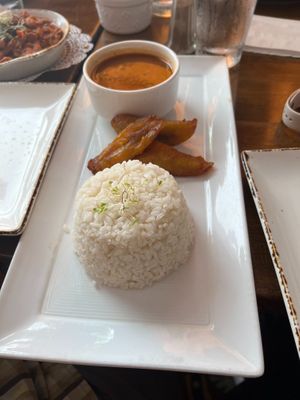 Red beans, sweet plantains, and white rice (served with the Ropa Vieja Vegana entree) at Cafe Berlin in San Juan
